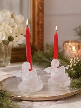 Vintage Avon Exclusive Goebel Hummel Frosted Crystal Angels Candle Holders Set